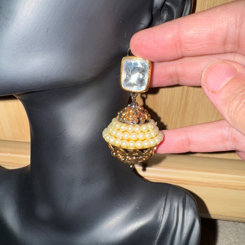 Rajhistani Style Gold and Cream Pearl Drop Earrings